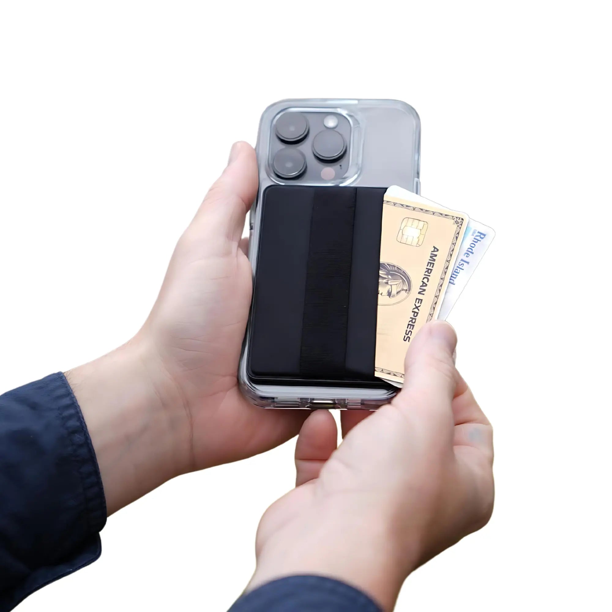 Person holding a phone case with a card inside on a white background