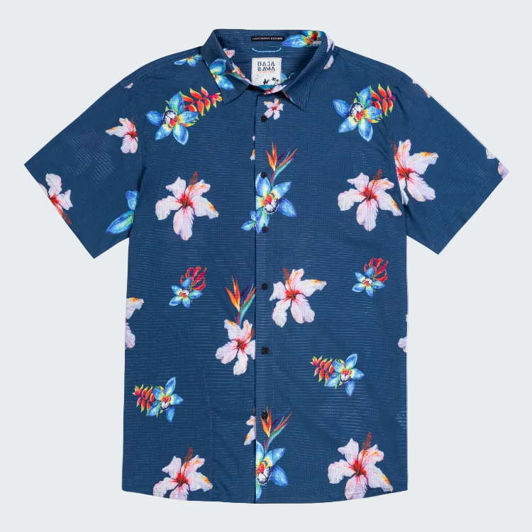 Navy blue shirt with colorful floral pattern on a white background