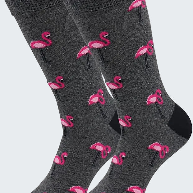 Gray socks with pink flamingo pattern on a white background