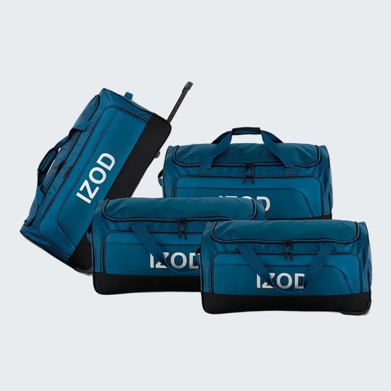 Set of blue bags with 'IZOD' branding on a white background