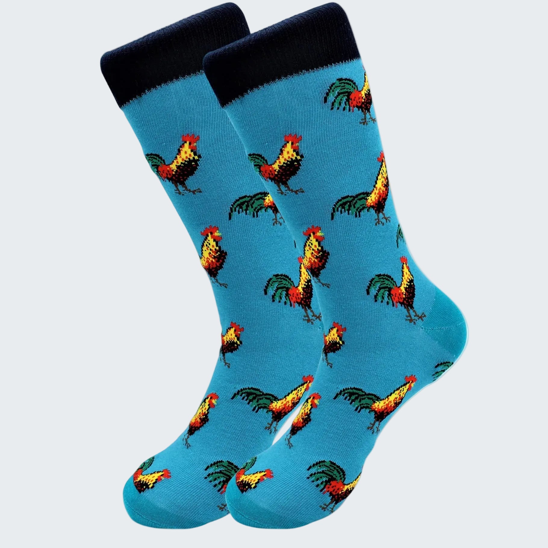Blue socks with rooster pattern on a white background