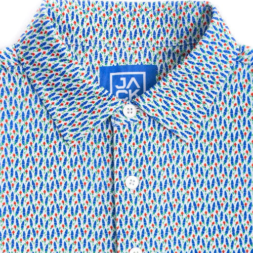 Patterned shirt with a visible brand logo on a white background