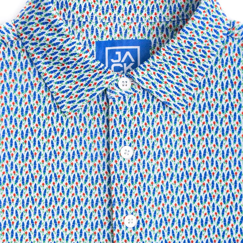 Patterned shirt with a visible brand logo on a white background