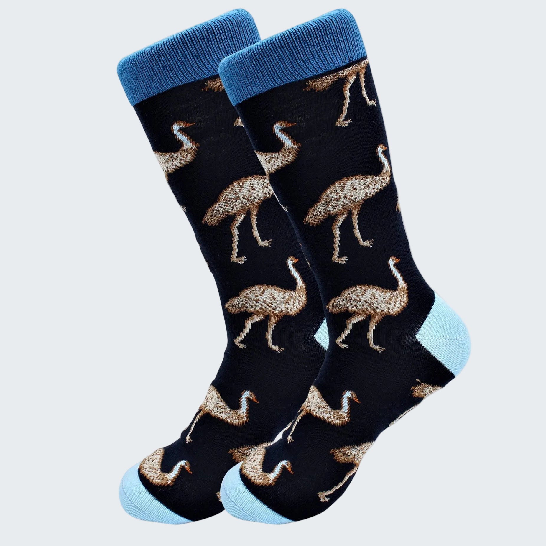Pair of socks with ostrich pattern on a white background