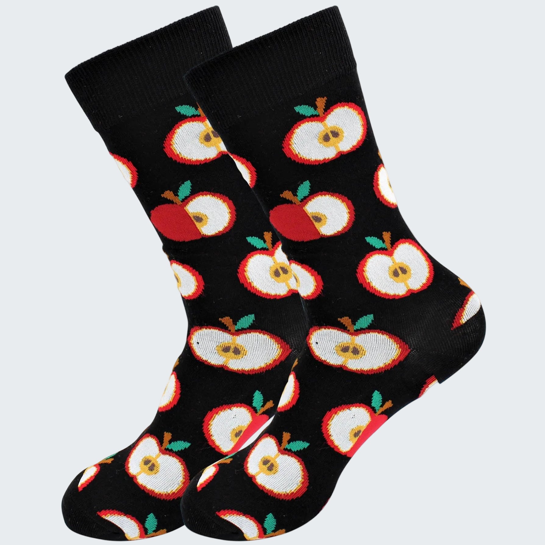 Black socks with red apple pattern on a white background
