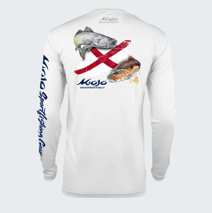 White long-sleeve shirt with fish graphics and branding on a white background