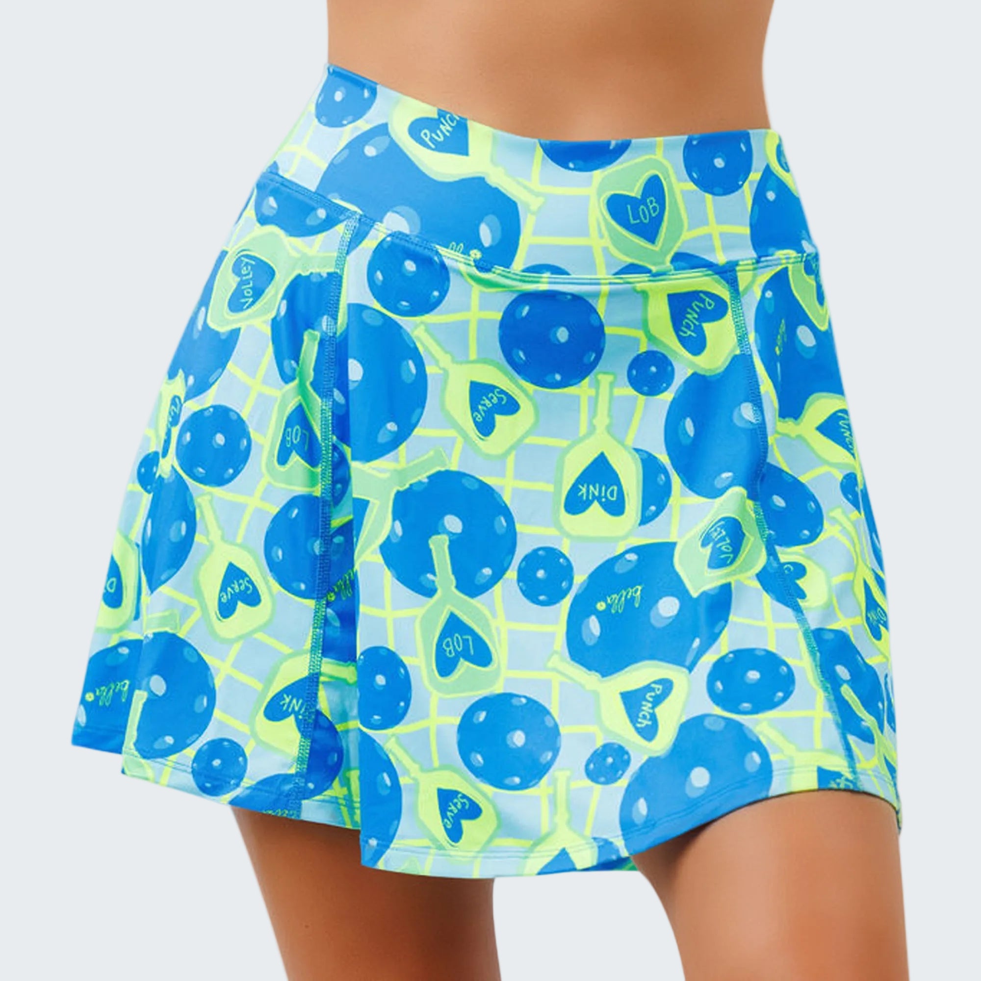 Blue and green patterned skirt on a white background