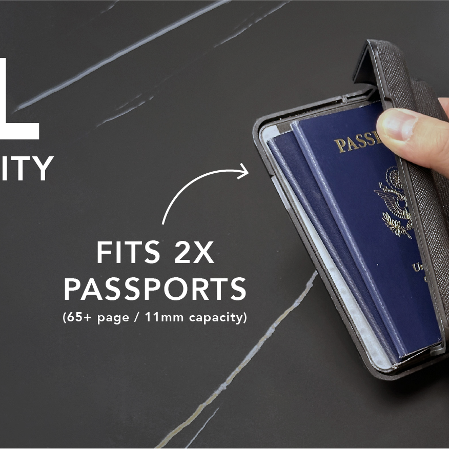Hand holding a passport holder with text indicating XL capacity and passport compatibility.