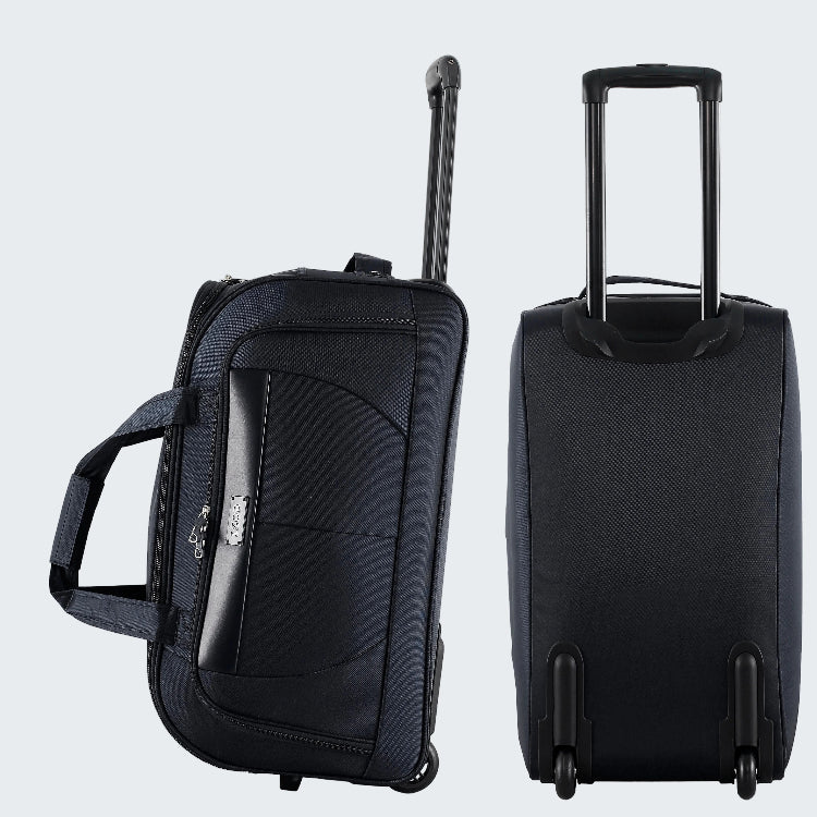 Black suitcase with handle and wheels on a white background