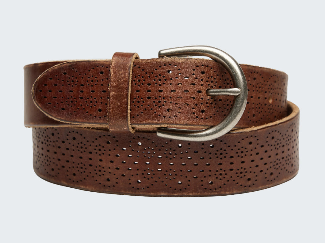 Brown leather belt with a silver buckle on a white background