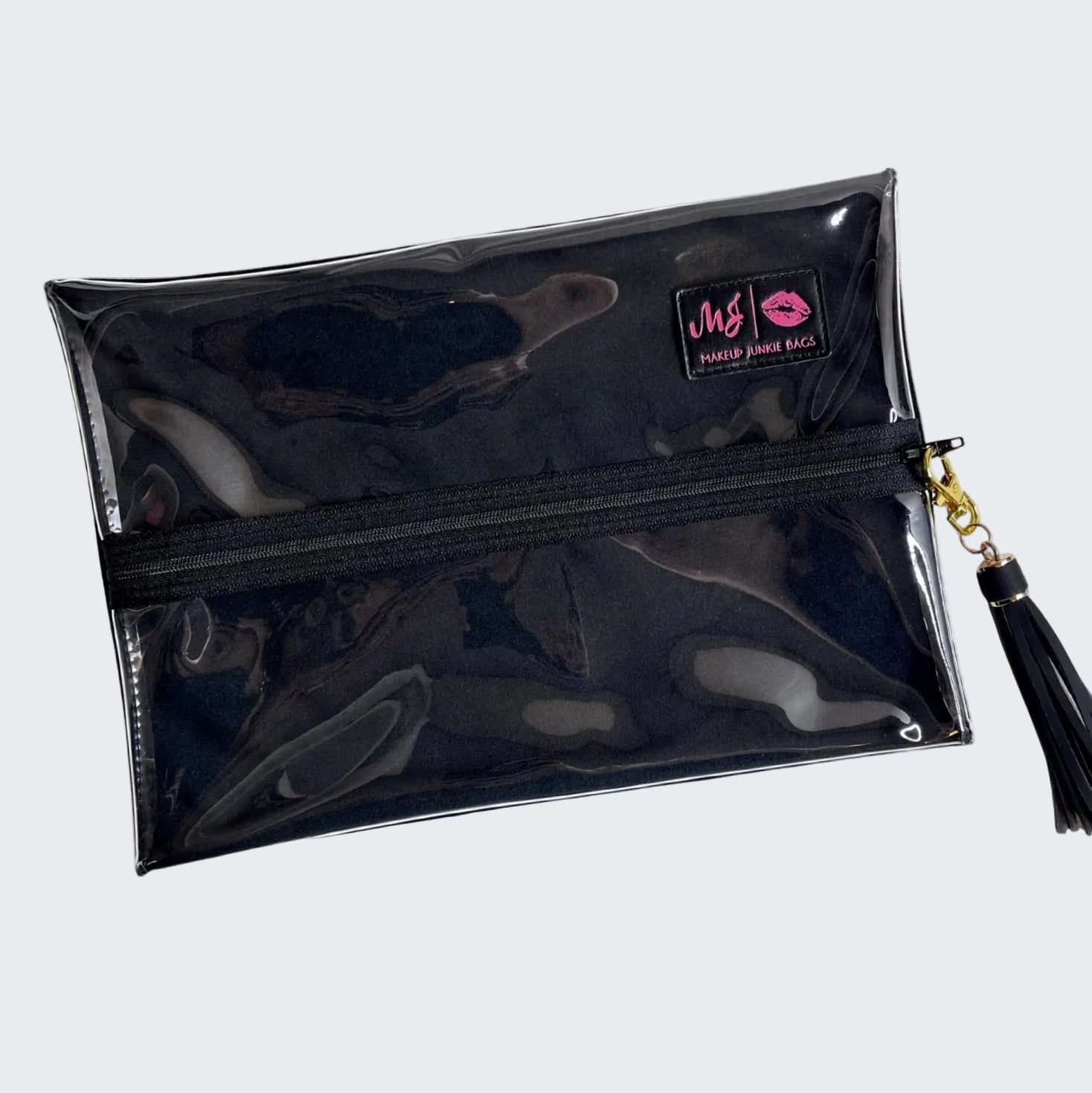 Black makeup bag with a visible brand logo on a white background