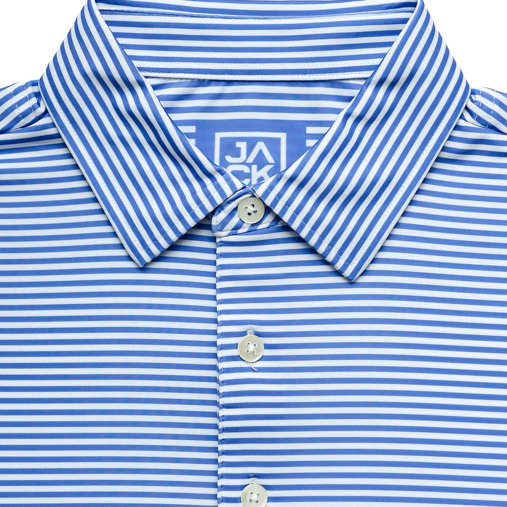 Blue and white striped polo shirt with a brand logo on a white background