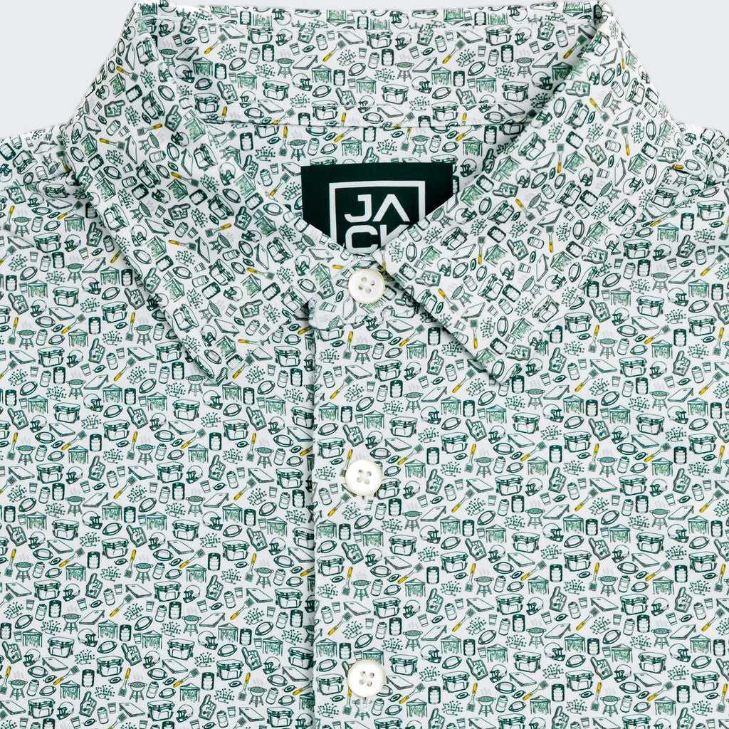 Green patterned shirt with a brand logo on a white background
