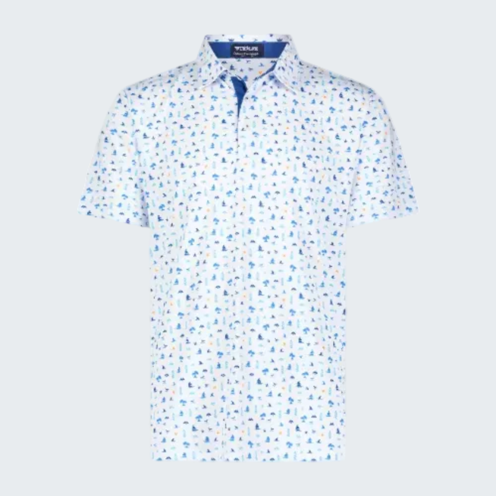 Short-sleeve shirt with blue floral pattern on a white background
