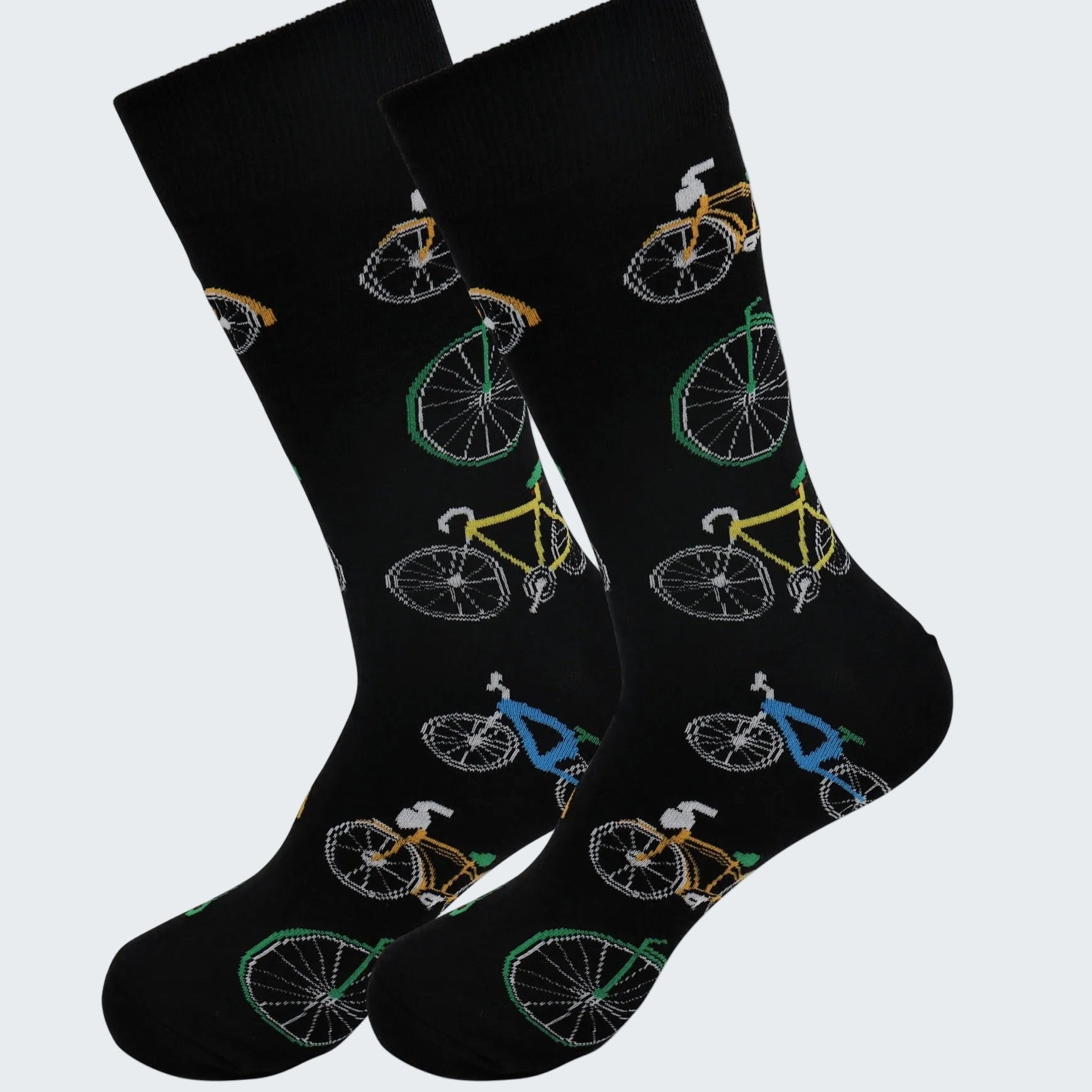 Black socks with bicycle pattern on a white background
