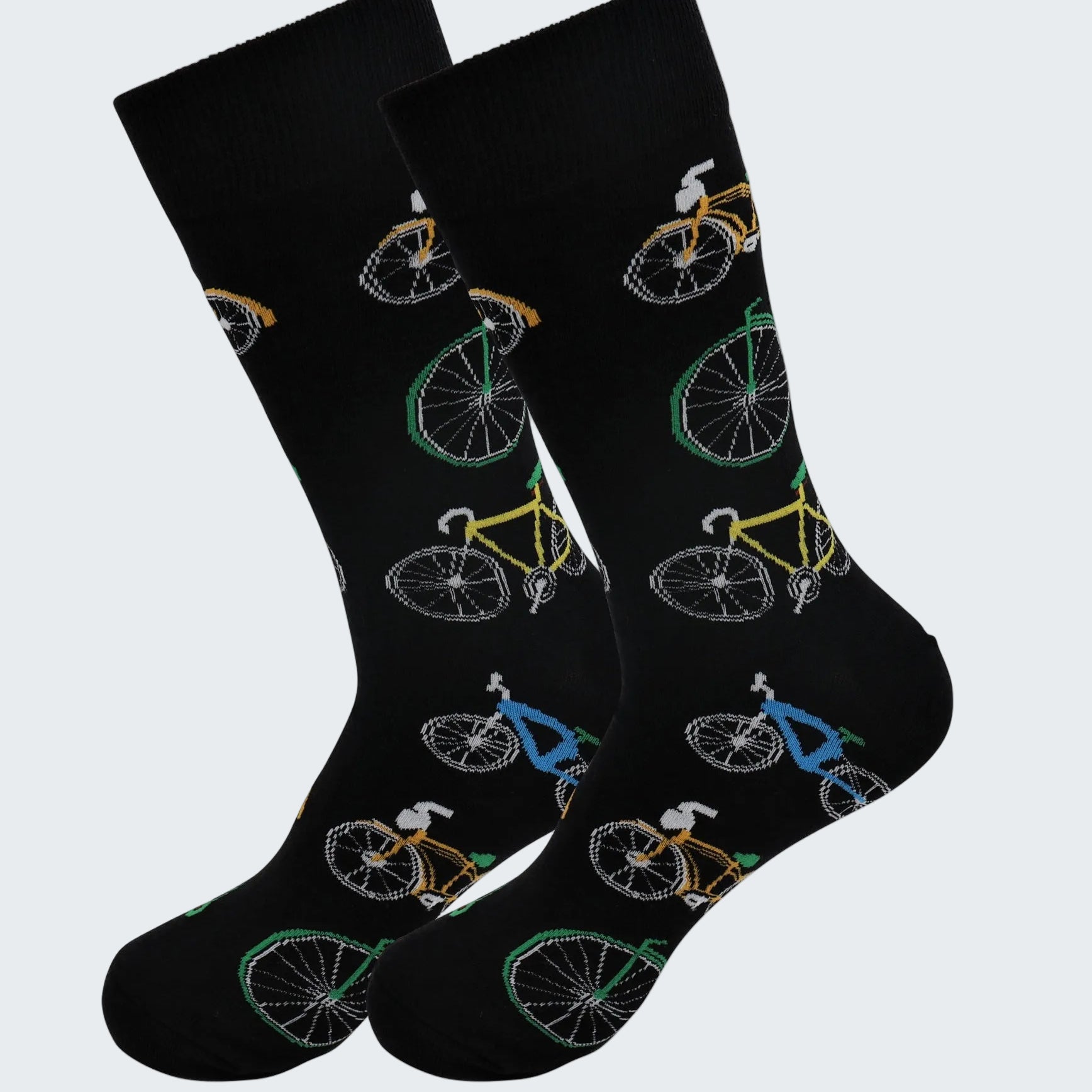 Black socks with bicycle pattern on a white background