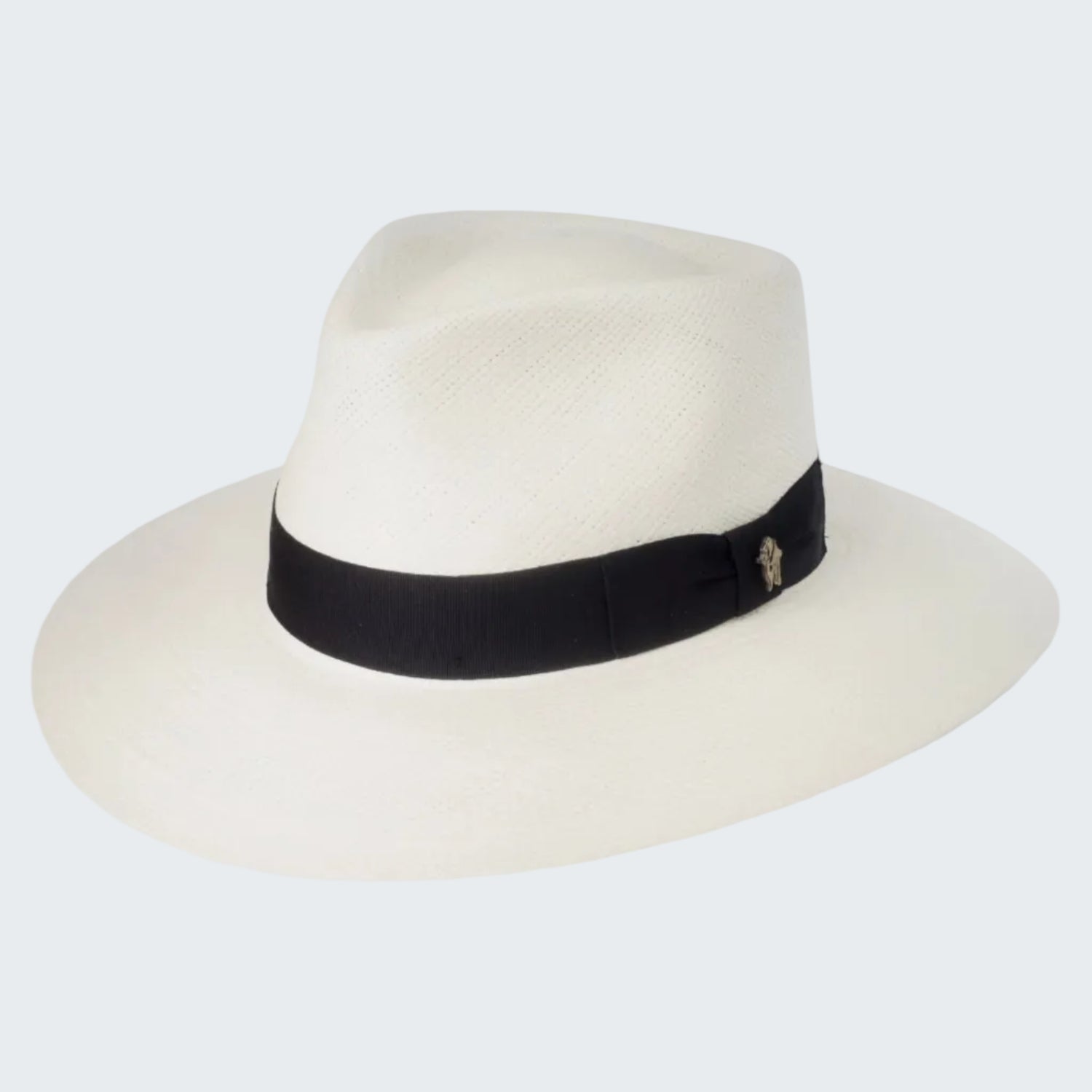 White fedora hat with a black band on a white background