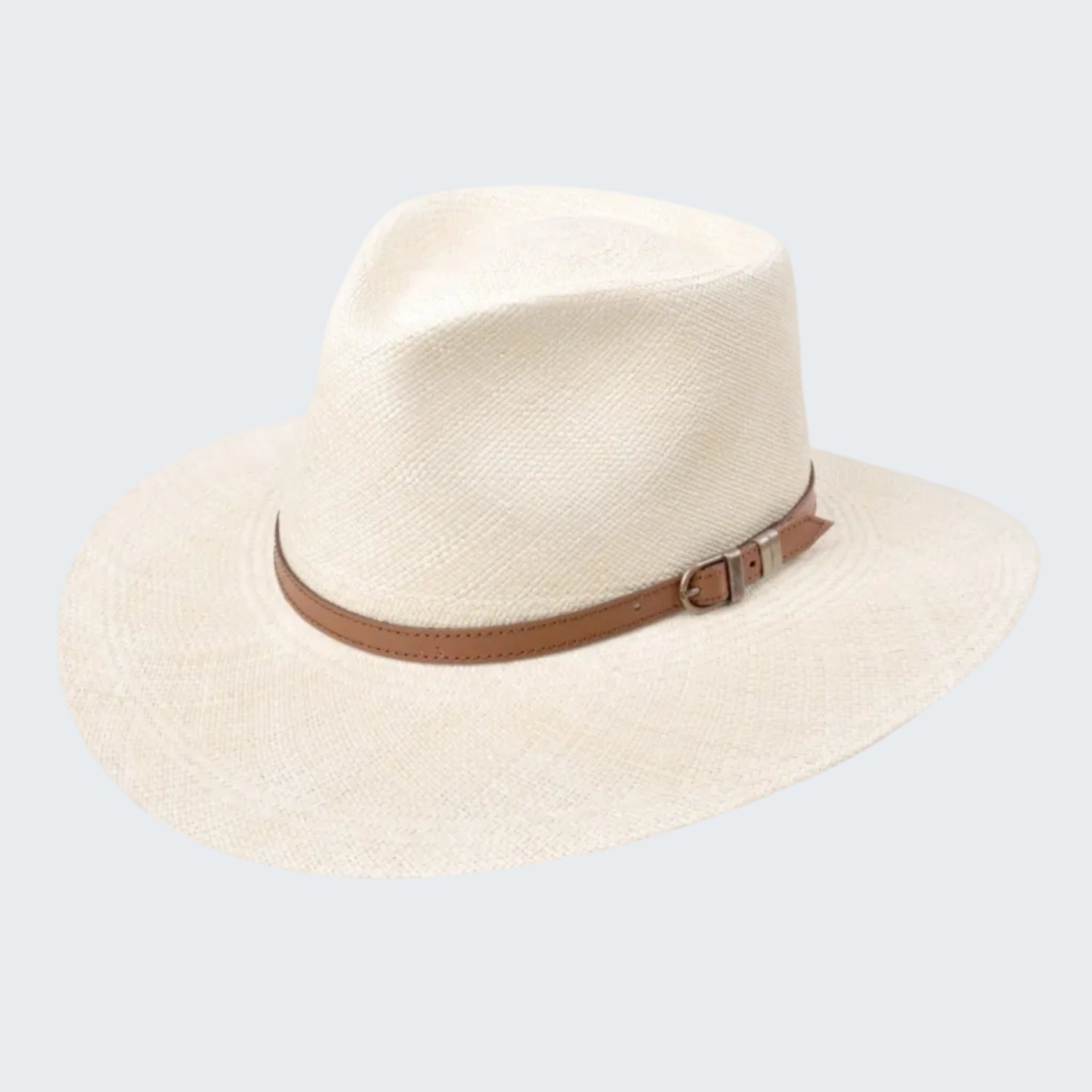 Beige straw hat with a brown band on a white background