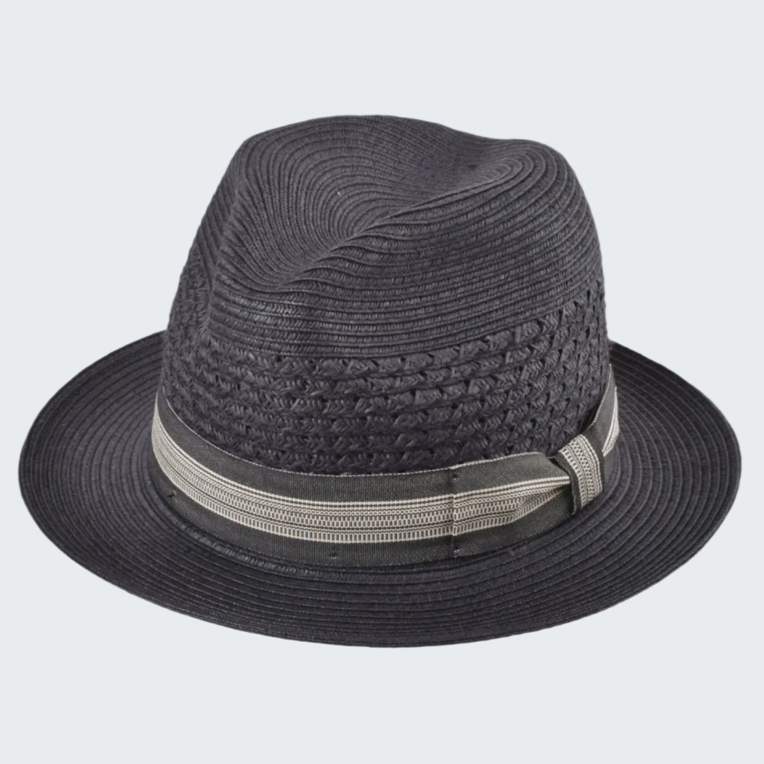 Black straw hat with a band on a white background