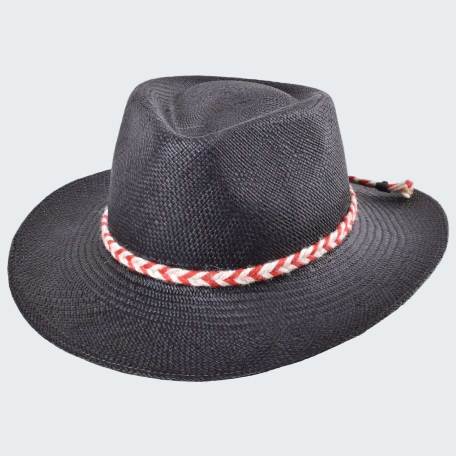 Black straw hat with a red and white striped band on a white background
