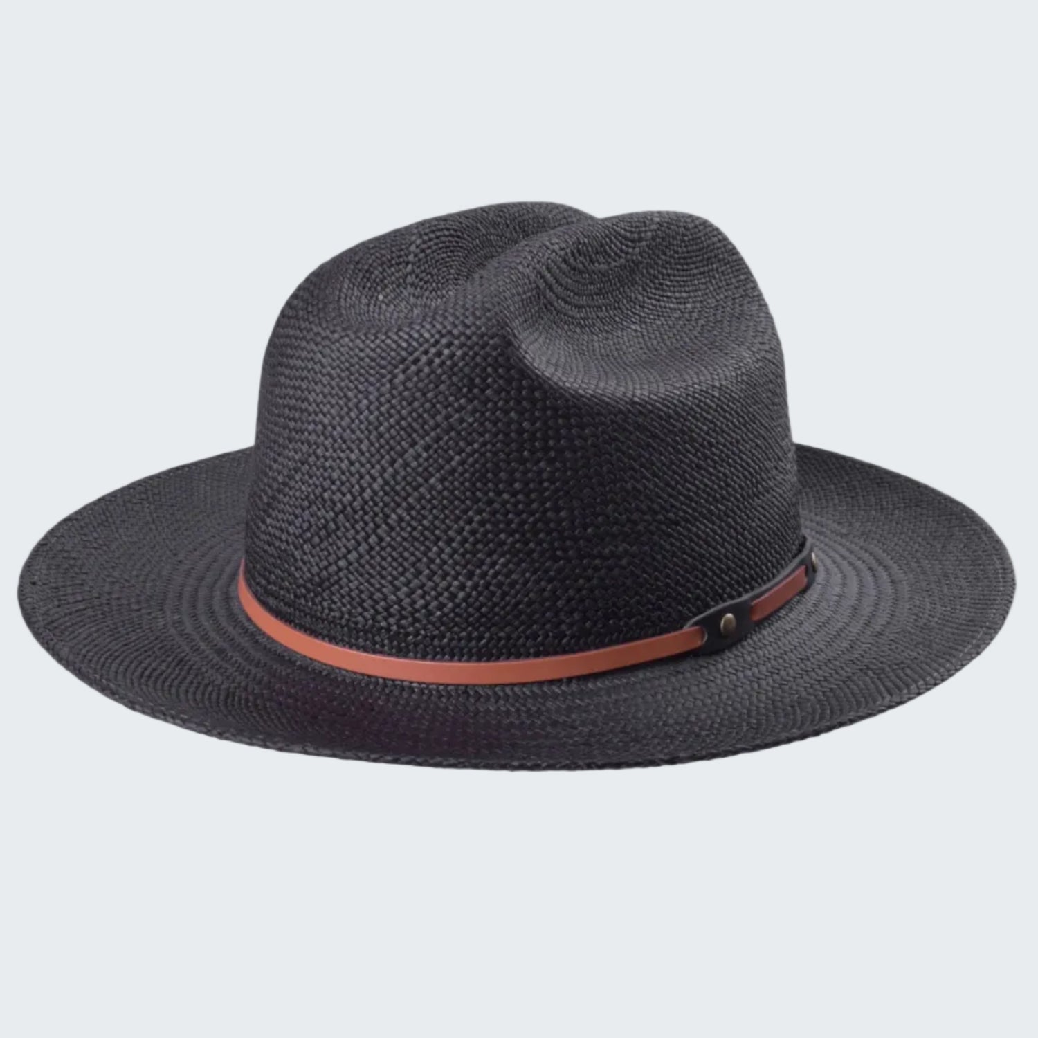 Black straw hat with a brown band on a white background