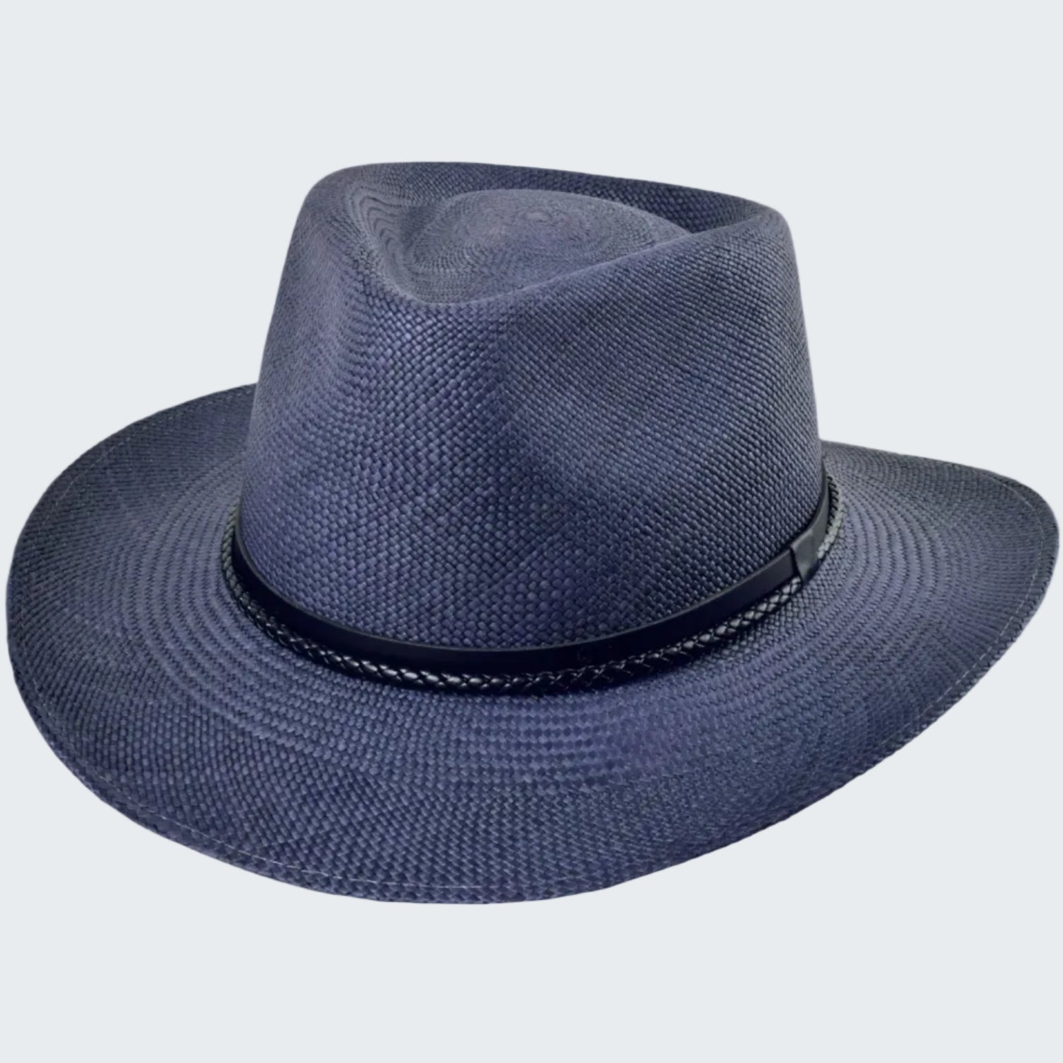 Blue straw hat with a black band on a white background
