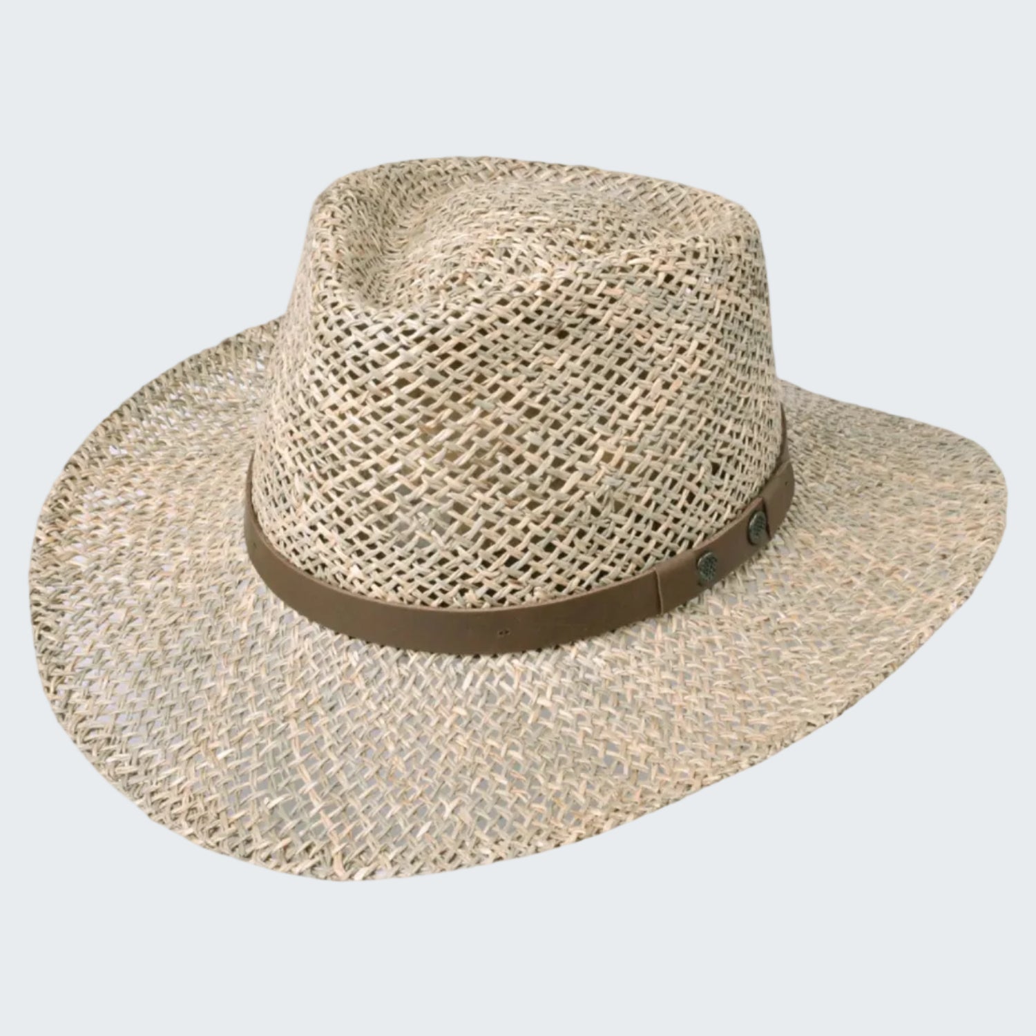 Beige straw hat with a brown band on a white background