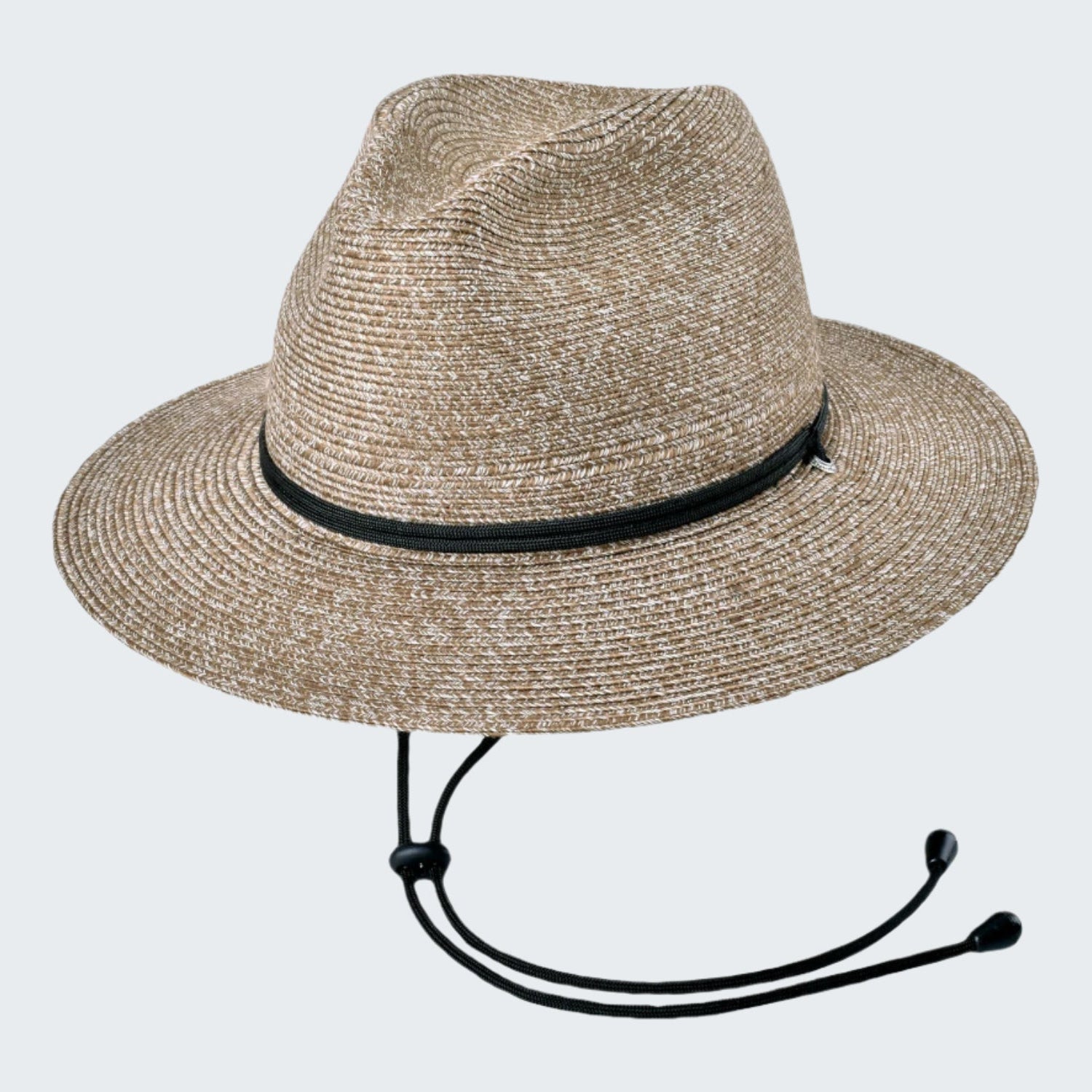 Beige straw hat with black band and chin strap on a white background