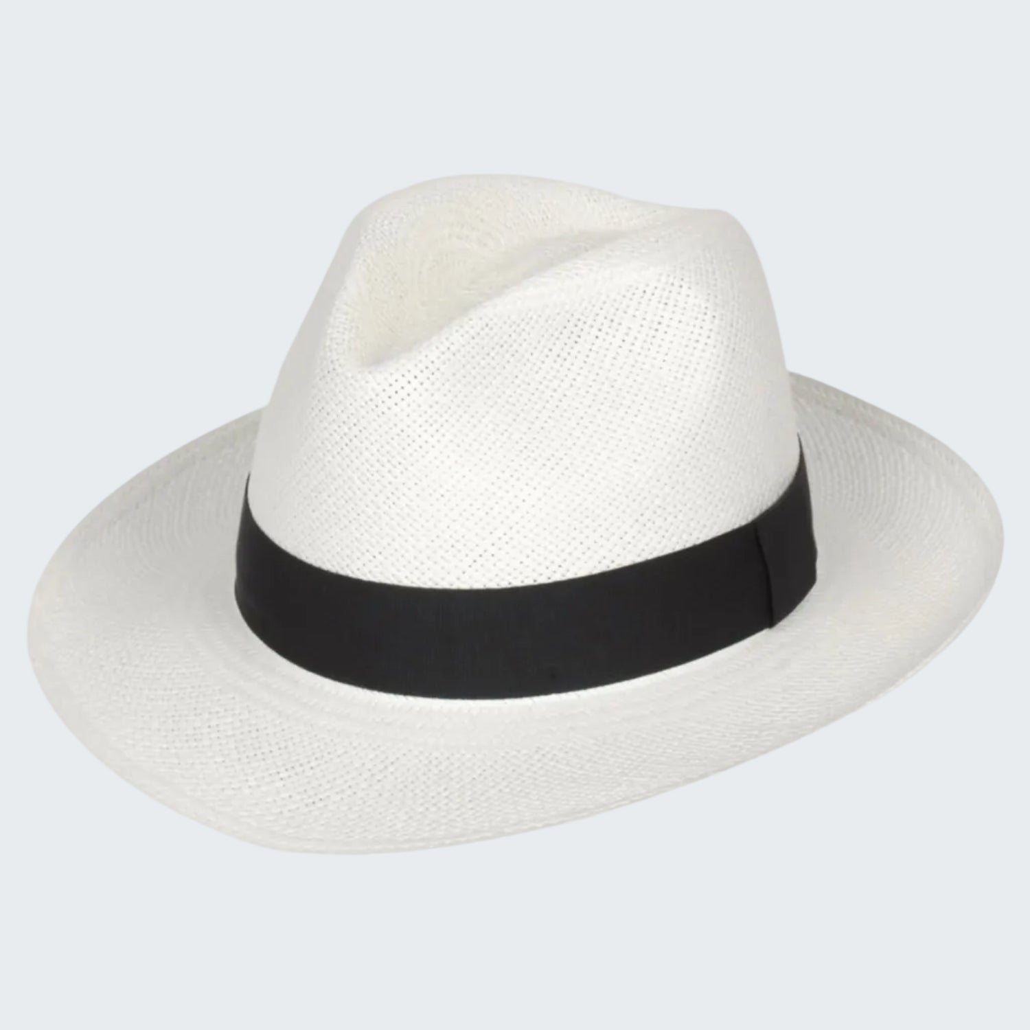 White fedora hat with a black band on a white background