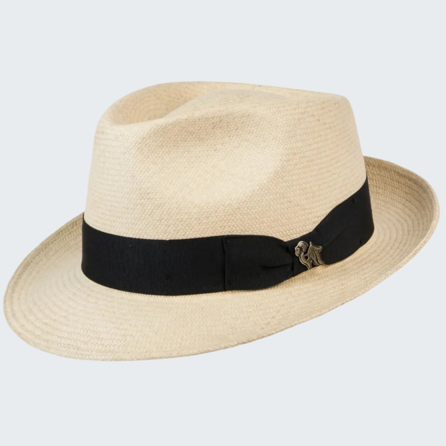 Beige straw hat with a black band on a white background