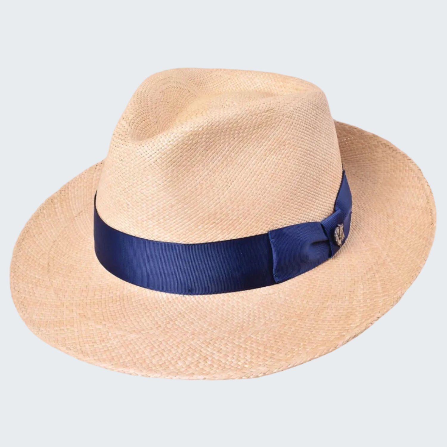 Beige straw hat with a blue band on a white background