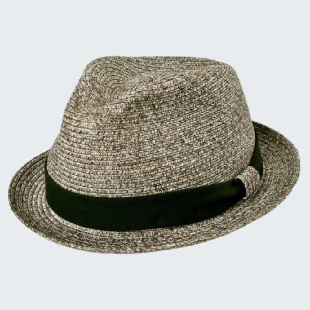 Woven fedora hat with a black band on a white background