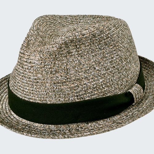 Woven fedora hat with a black band on a white background