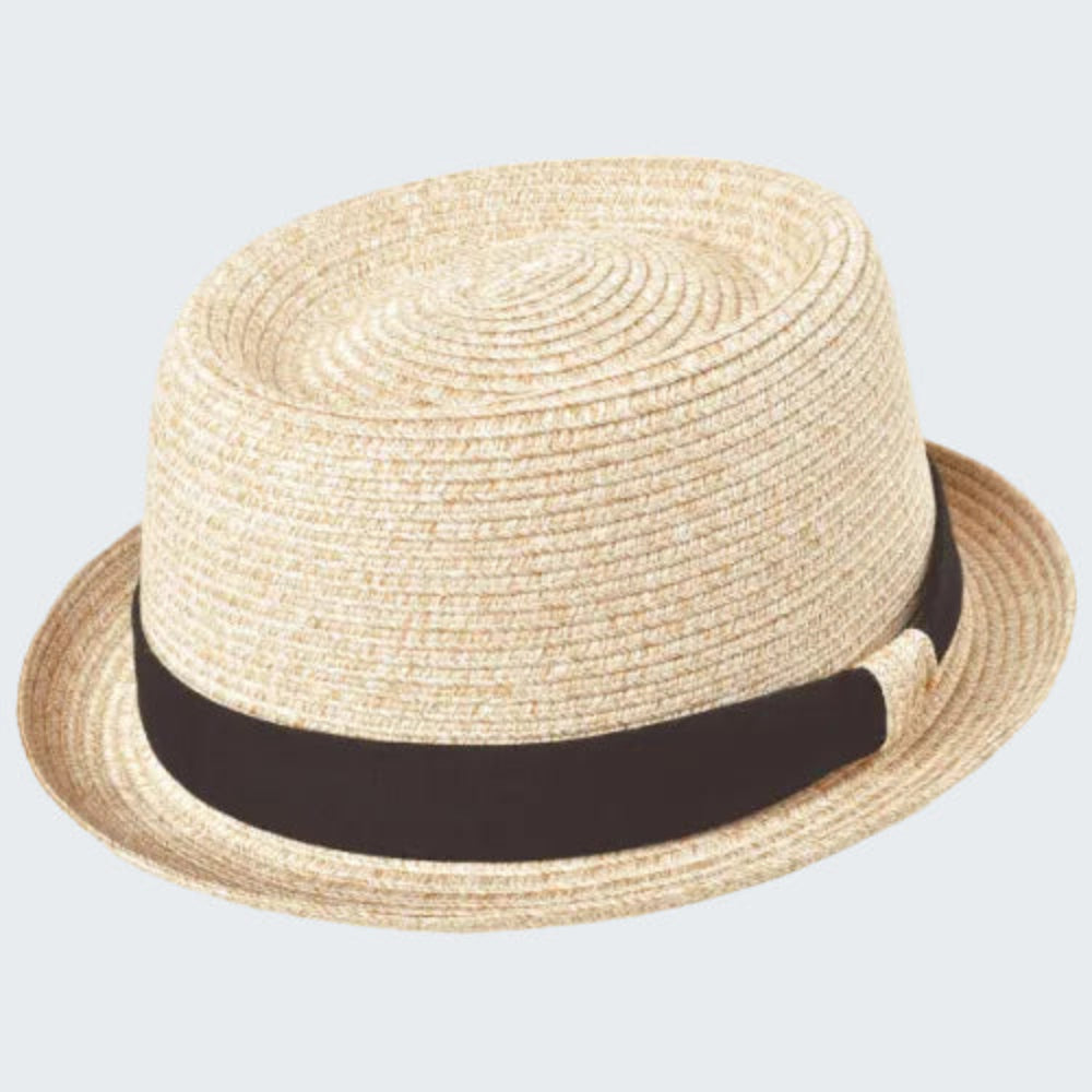 Beige straw hat with a black band on a white background