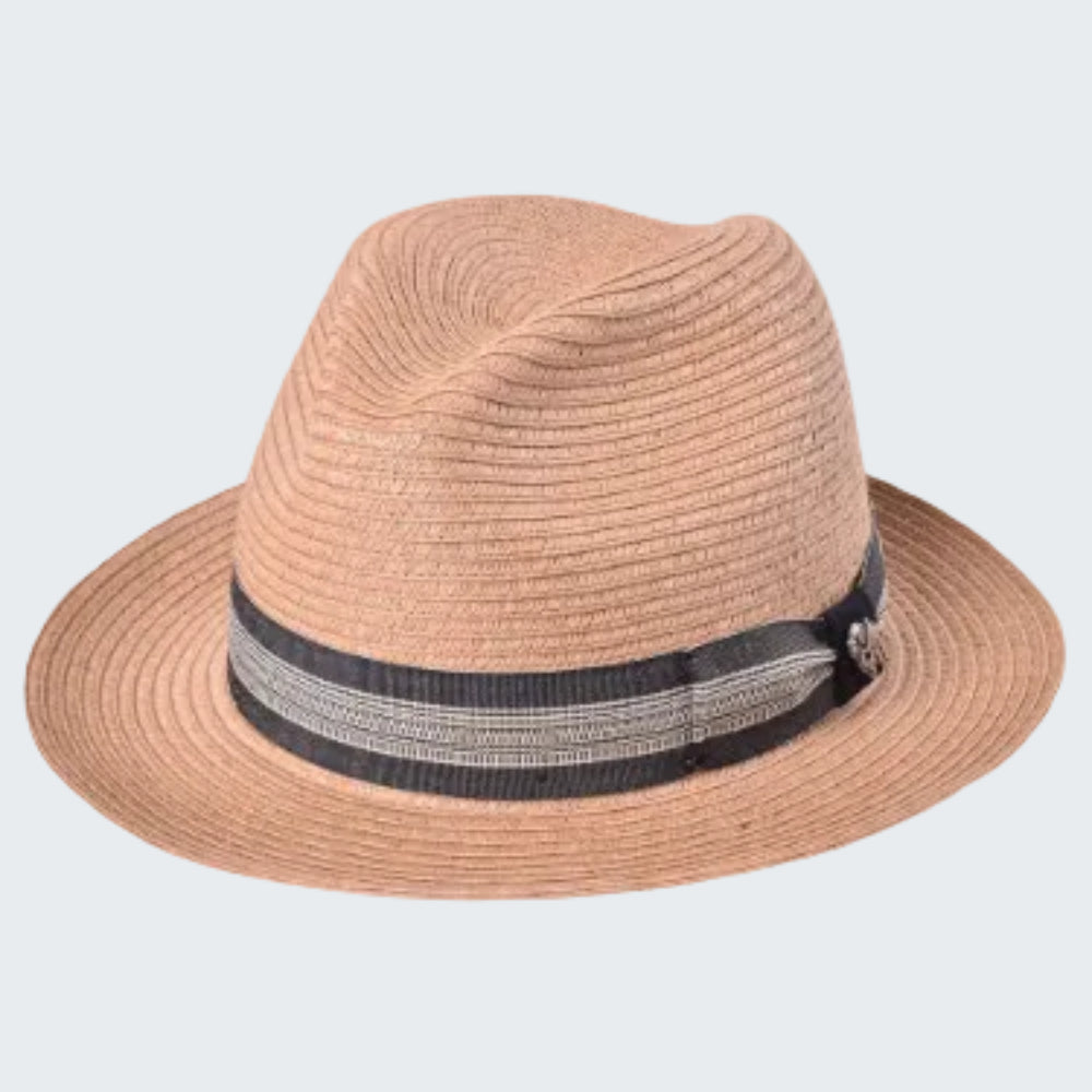 Beige straw hat with a black and white striped band on a white background