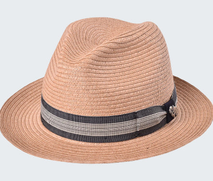 Beige straw hat with a black and white striped band on a white background