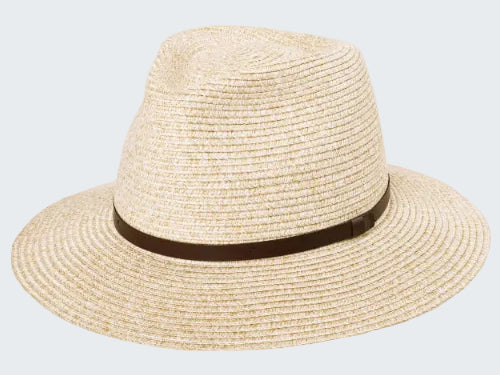 Beige straw hat with a brown band on a white background