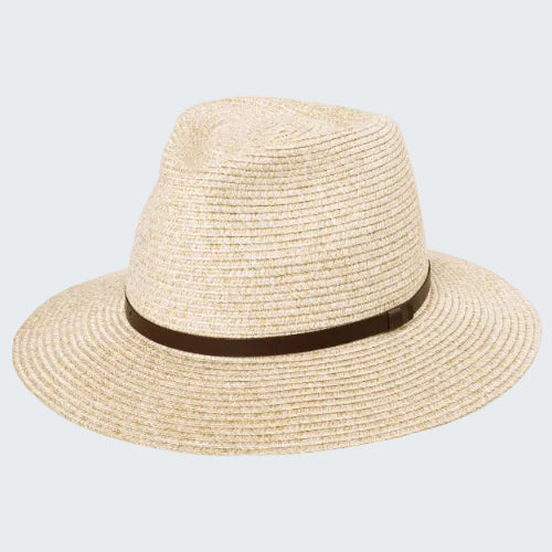 Beige straw hat with a brown band on a white background