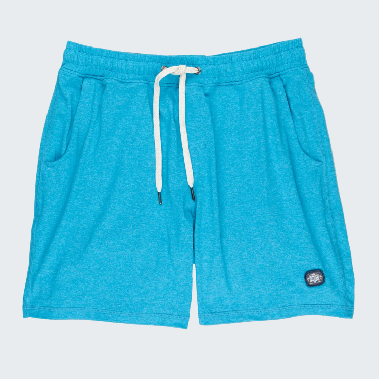 Blue shorts with a white drawstring on a white background