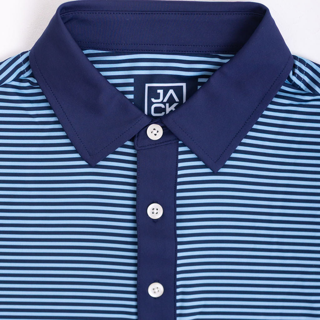 Blue and white striped polo shirt with a brand logo on a white background
