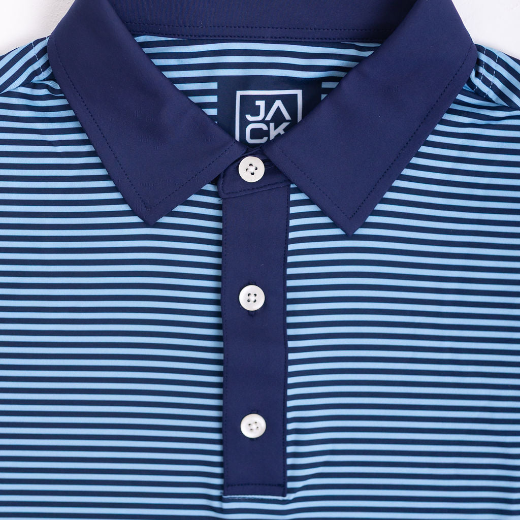 Blue and white striped polo shirt with a brand logo on a white background