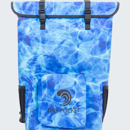 Blue water-patterned backpack with 'Dry Pocket' logo on a light gray background