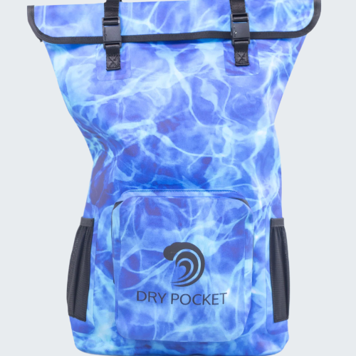 Blue water patterned backpack with 'Dry Pocket' branding on a white background