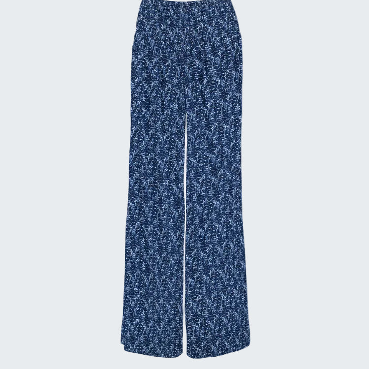Blue patterned pants on a white background