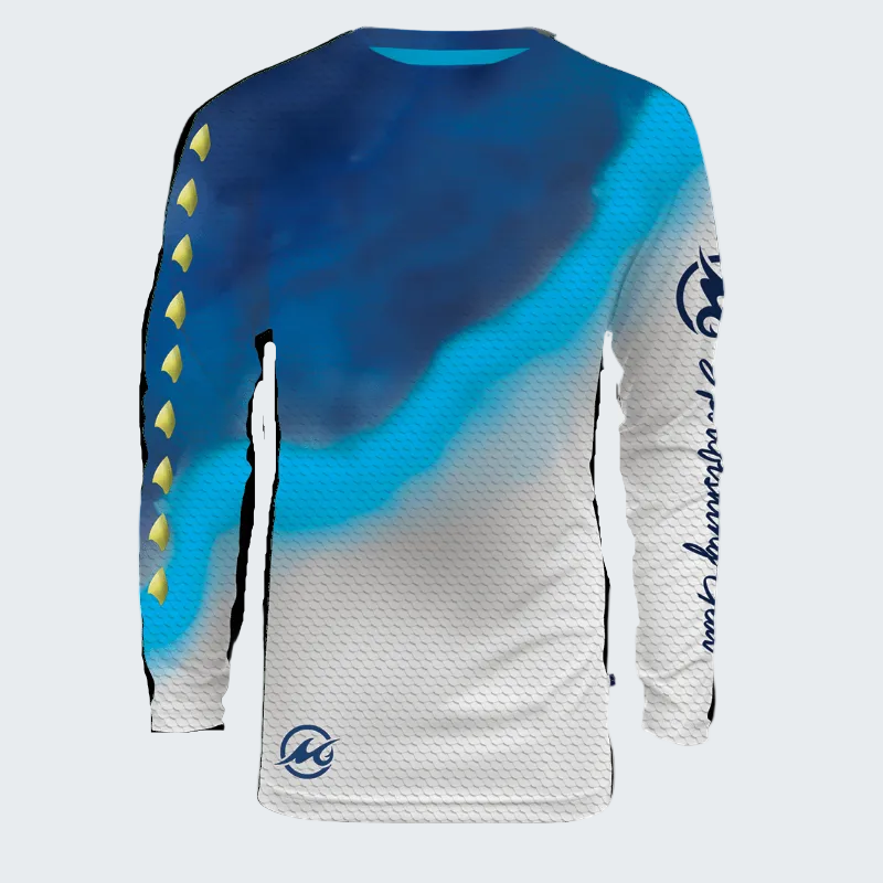 Long-sleeve shirt with blue, white, and black design on a transparent background