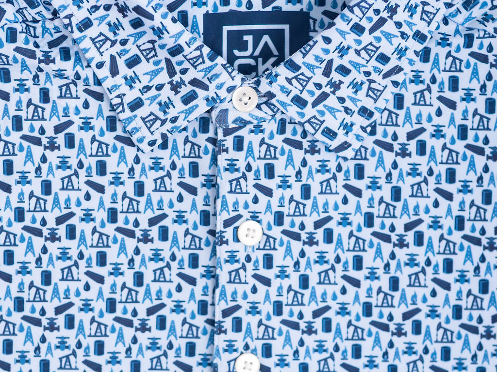 Blue patterned shirt with a brand label on a white background