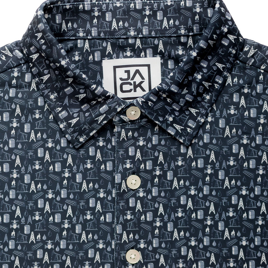 Navy blue shirt with white pattern and 'JACK' logo on a white background