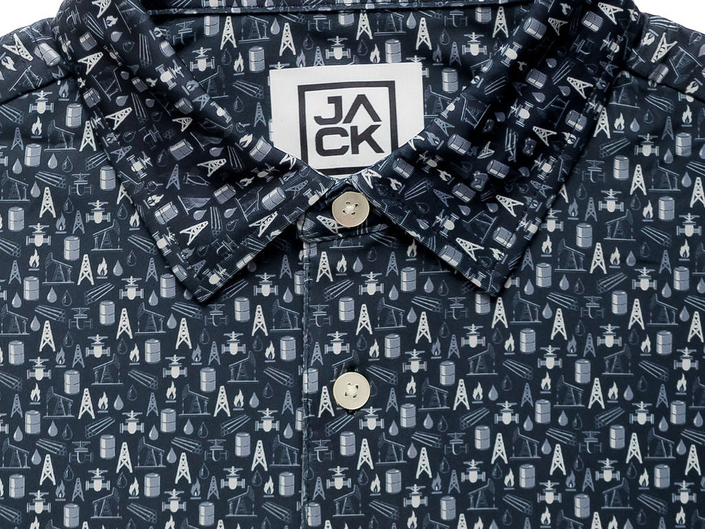 Navy blue shirt with white pattern and 'JACK' logo on a white background
