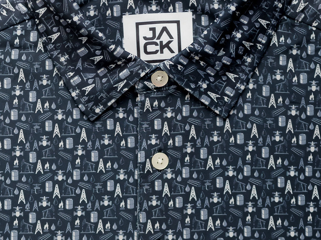 Navy blue shirt with white pattern and 'JACK' logo on a white background