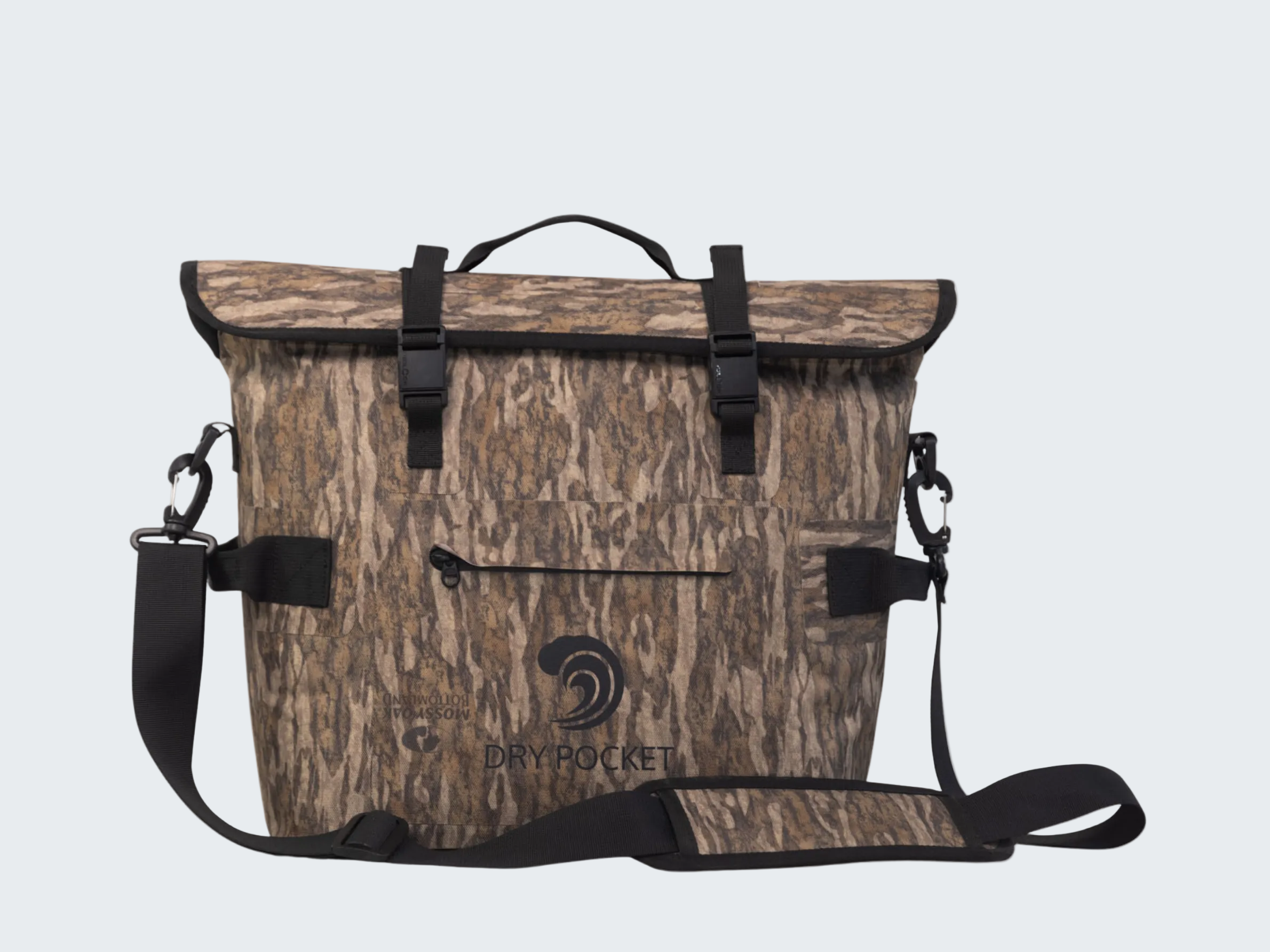 Mossy oak patterned bag with black straps on a white background